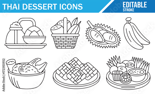 Thai Dessert and Fruit Symbols – Minimal Editable Stroke