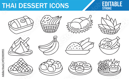 Traditional Thai Confections Icons – Simple Outline Vector