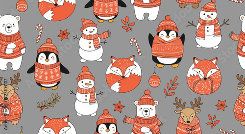 Charming winter animals wearing cozy sweaters and hats, perfect for festive holiday designs and kids' crafts