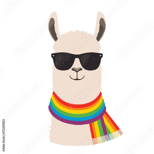 Cool llama wearing stylish sunglasses and vibrant rainbow scarf, celebrating pride and individuality