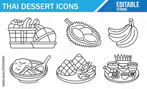 Thai Sweets Icons Pack – Editable Stroke Food Illustration