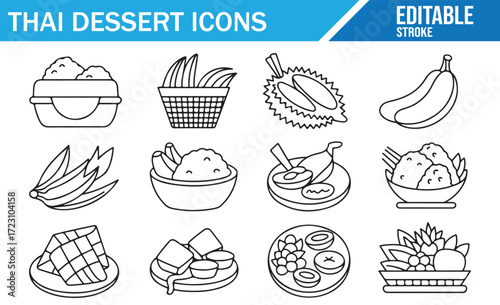 Classic Thai Dessert Pictograms – Clean Outline Icon Collection
