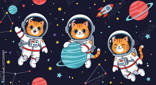 Playful astronaut cats explore a vibrant outer space filled with planets stars and a rocket