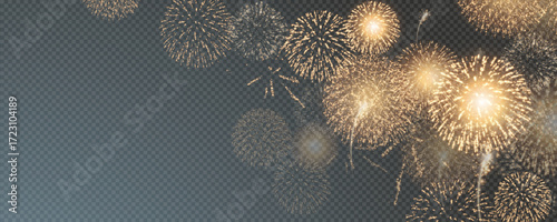 Magic fireworks in the night sky, Christmas background for holiday design, poster, postcard on a transparent background, png. Holiday lights.	
