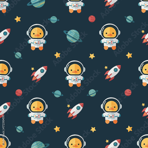 Cute duck astronauts rockets and planets in a fun seamless space pattern for kids Imagination adventure