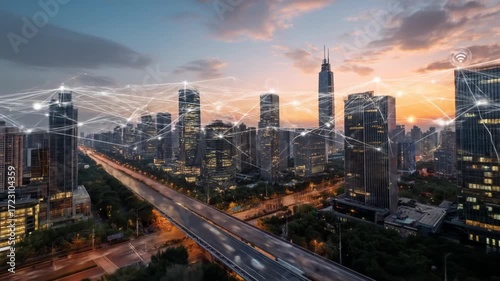 Wallpaper Mural Skyline illuminated by sunset, digitally connected by glowing networks Torontodigital.ca