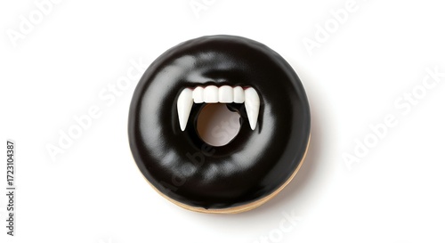 A spooky Halloween treat featuring a delicious dark chocolate frosted donut with eerie vampire fangs, perfect for a festive and fun occasion, offering a delightful and unique baked good