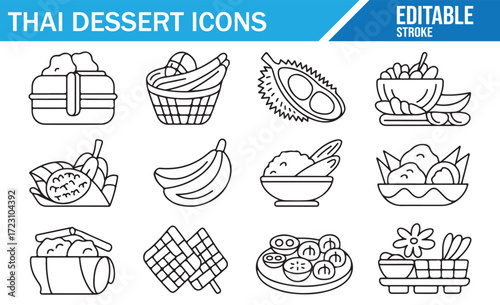 Minimal Thai Dessert Line Icons – Editable Stroke Vector Set