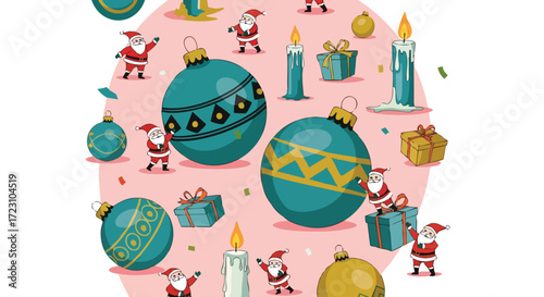 Joyful Santa Claus characters decorating festive Christmas ornaments and gifting presents in a whimsical holiday scene