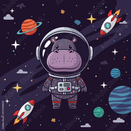 Adorable hippo astronaut in outer space surrounded by planets and rockets Childhood wonder