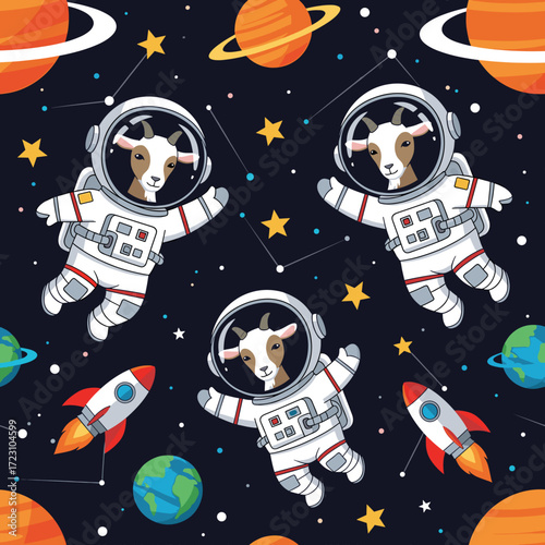 Adorable astronaut goats float in space with planets stars and rockets Kids theme