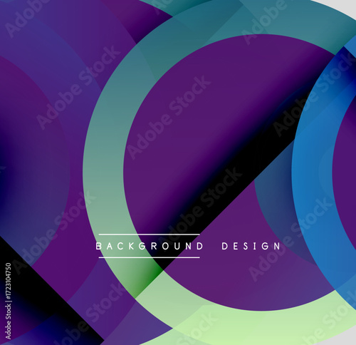 Abstract circles overlap, creating vibrant purple, teal gradients. Modern design feels dynamic, smooth, visually appealing.
