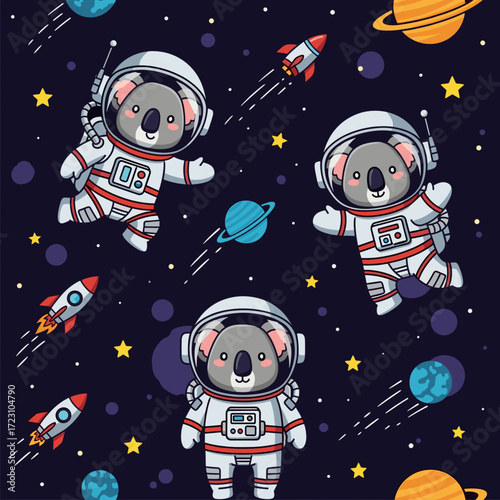 Cute koala astronauts exploring space with rockets and planets Fun childrens adventure concept