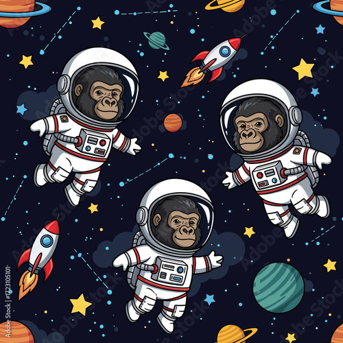Cartoon gorillas in astronaut suits floating among planets stars and rockets in space
