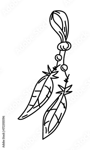 Hair ornament with feathers, Native Americans in style doodle. Leather strap with weaves of threads, beads, feathers. Hair elastic. Handmade product. Engraving, graphics, shading. American Indians