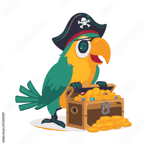 Whimsical parrot pirate guarding treasure chest, perfect for kids' designs and adventurous themes