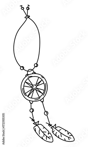 Dreamcatcher necklace, Native American doodle style. Round base decorated with weavings, beads, and feathers. Leather strap. Handmade item. Engraving, graphics, shading. American Indians