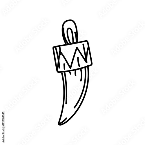 Animal tooth pendant, Native American doodle style. Animal tooth or sharp bone as pendant with a mount. Gift of a part of a killed animal. Handmade item. Engraving, graphics, shading. American Indians