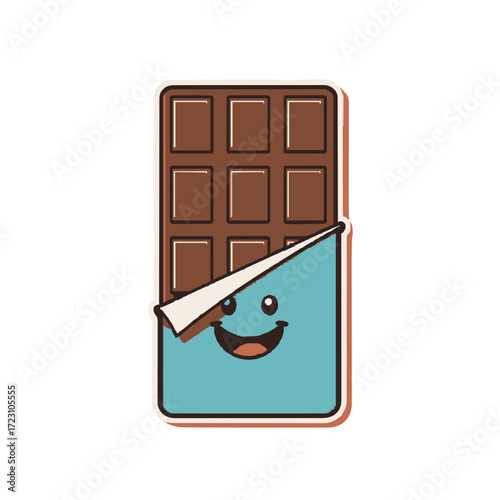 Delightful chocolate bar character with cheerful smile, tempting sweet treat illustration, food fun