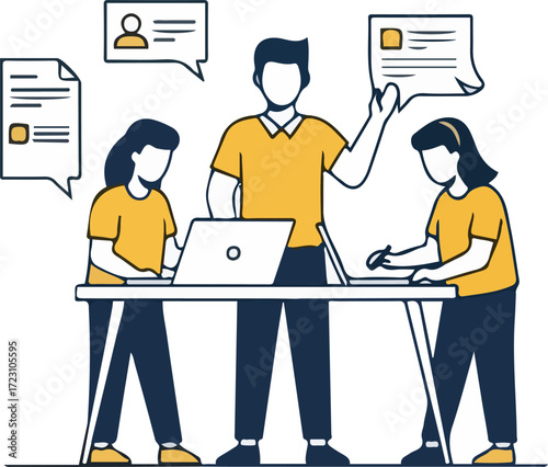 PrintGroup of colleagues working together on a laptop, symbolizing brainstorming and project collaboration.