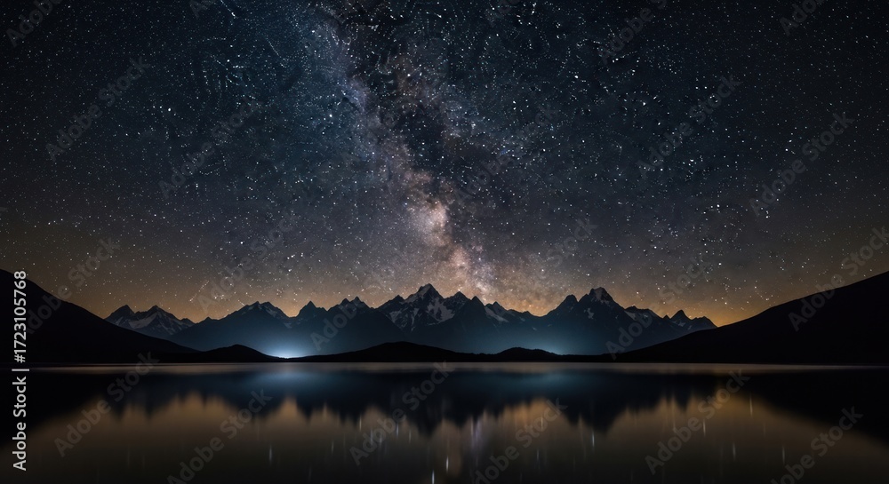 Fototapeta premium Milky Way Galaxy over Mountain Range Reflected in Lake at Night.