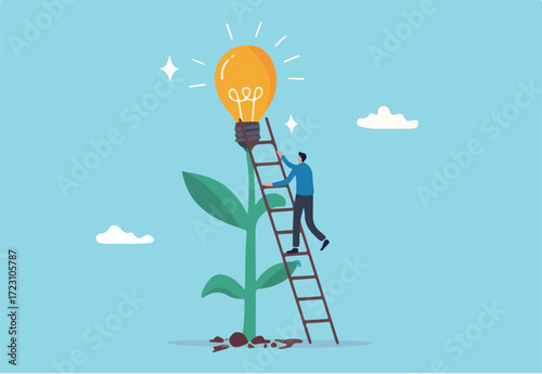 Creativity idea, solution or persuade success, climb up career ladder or business growth, improvement progress, personal development concept, businessman climb up ladder to reach lightbulb grow plant