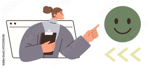 Woman holding a clipboard gesturing to a green happy face, conveying approval, productivity, or teamwork. Ideal for feedback, education, success, encouragement, evaluation leadership simple flat