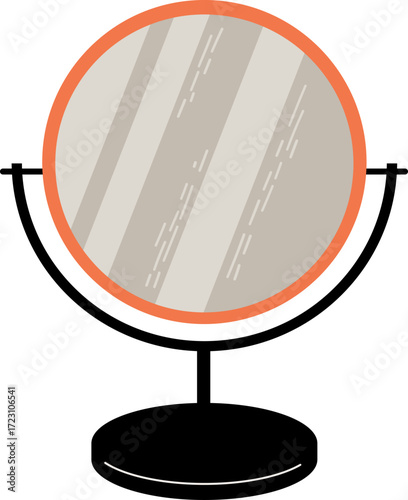 A round vanity mirror with an orange frame and reflective surface