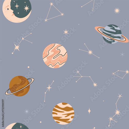 A seamless pattern of planets and constellations on a purple background