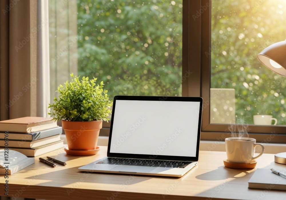 Fototapeta premium Silver laptop on a desk by the window with a keyboard and screen