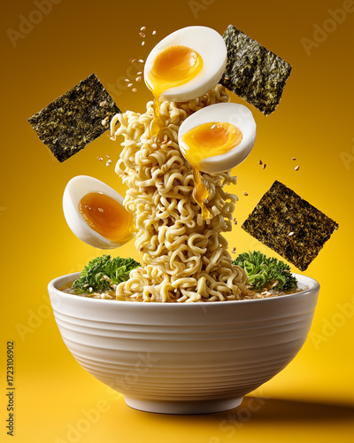 Instant noodles with yolk and seaweed in bowl on yellow background