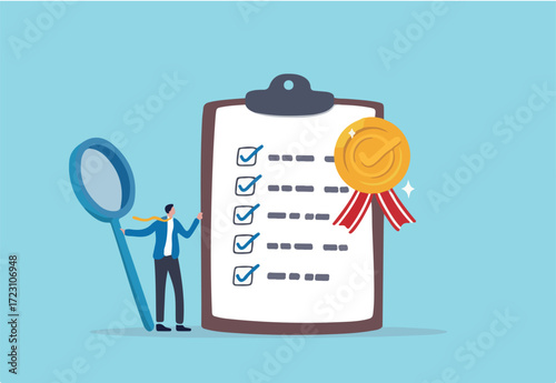 Standard, quality control or certified approval, corporate policy or compliance, guarantee checklist document, assurance concept, businessman hold magnifying glass with standard QC badge document