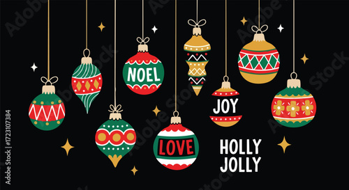 Celebrate the joyous holiday season with these retro-chic ornaments featuring Noel, love, joy, and holly jolly greetings on a festive black backdrop