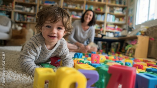 Toddler playing with colorful alphabet blocks learning letters