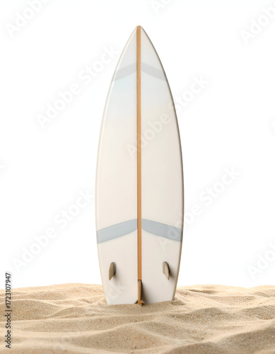 A surfboard stuck in the sand with a tropical sunset and palm tree painted on it. Isolated on a transparent background.