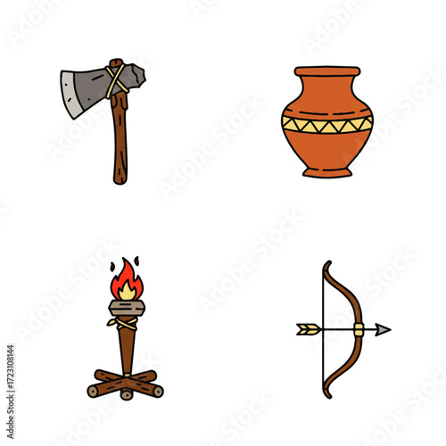 Primitive tools and artifacts including an axe, pot, torch, and bow and arrow