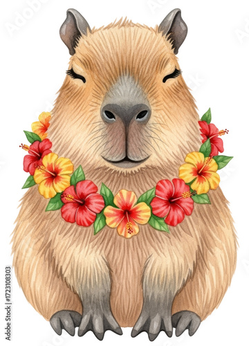 a cute capybara with a tropical flower chain around its neck