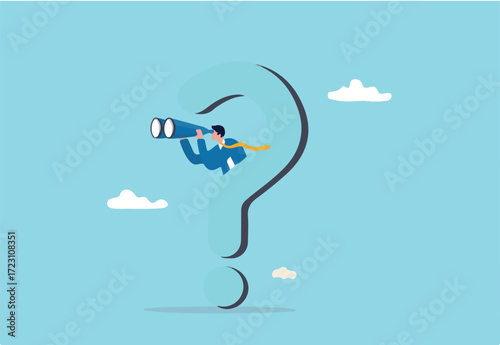 Curiosity explore unknown, search for solution or new business opportunity, seek for success concept, curios businessman with huge question mark look through binoculars to search for new business idea
