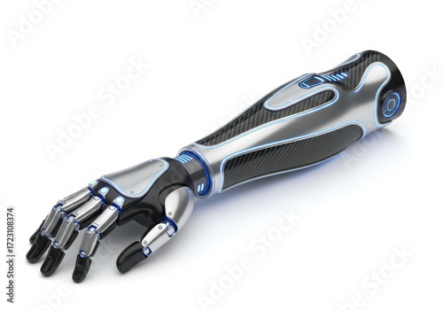 Sleek, futuristic robotic arm with metallic and carbon fiber design, featuring articulated fingers and glowing blue accents, 3D rendering