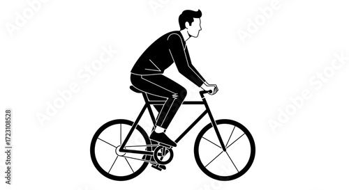 Silhouette of a man riding a bicycle on a white background, minimalist design