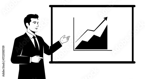Elegant businessman presenting positive financial graph on whiteboard illustration