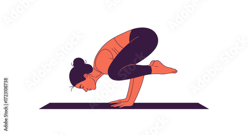 Woman practicing Bakasana also known as Crow Pose an arm balancing yoga asana