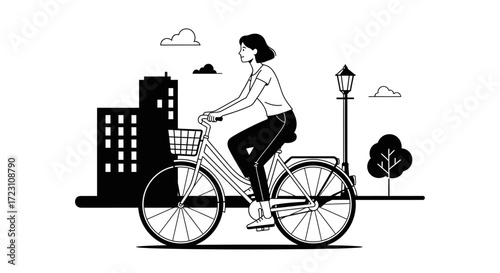 Woman Cycling in the City, Black and White Line Art Illustration with Urban Background, showcasing