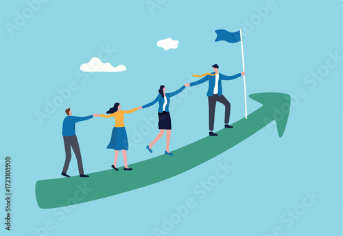 Teamwork cooperate together to achieve target, leadership to build team walking up rising growth arrow, career development concept, businessman leader holding hand with employee walking up arrow graph
