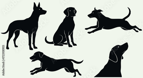 Elegant silhouette collection of diverse dog breeds in various poses showcasing canine behavior