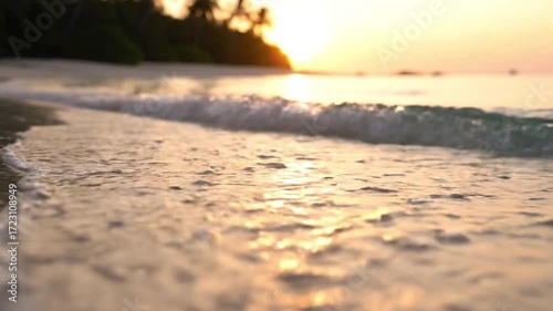 Beach at sunrise water washing onto shore sun on horizon palm trees indistinct