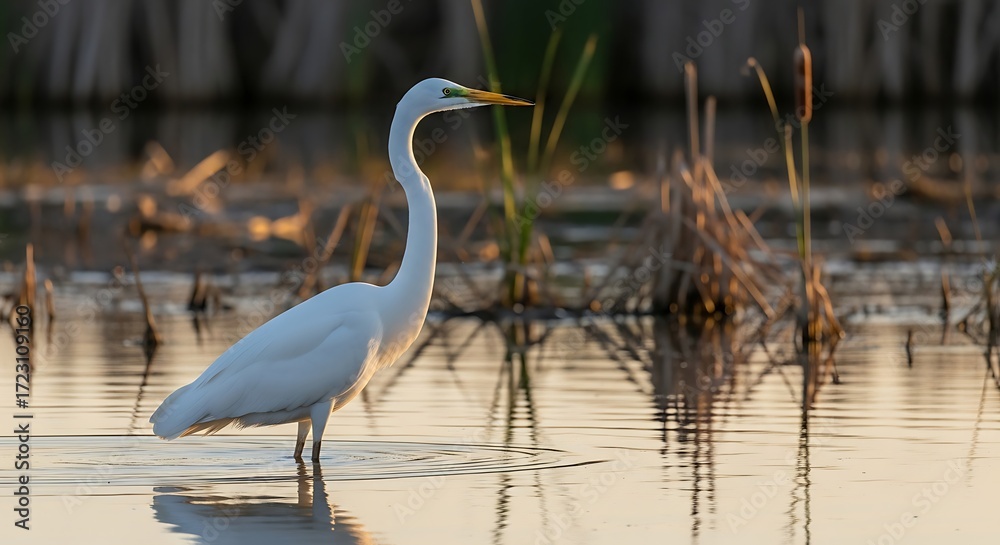 Naklejka premium Great Egret wading in shallow water at sunset.
