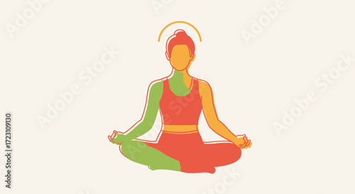 Illustration of a woman meditating in lotus position with vibrant color gradient, promoting