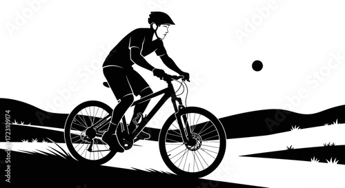 Monochromatic illustration of a cyclist riding a mountain bike in a scenic landscape