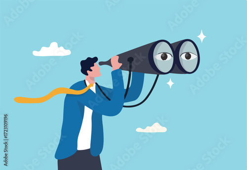 Observation, search for opportunity, curiosity or surveillance, inspect or discover new business, job search or hr finding candidate concept, curious businessman look through binoculars with big eyes.